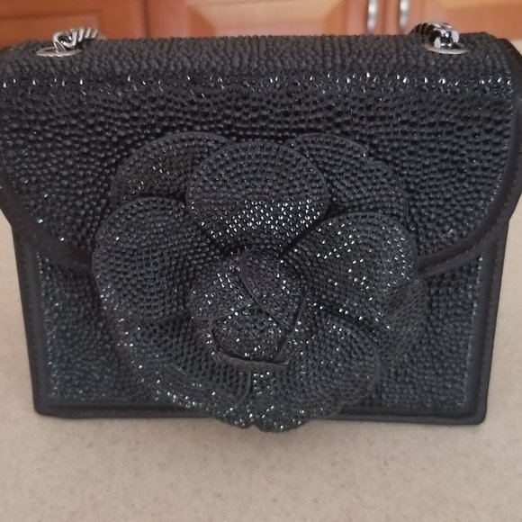 OSCAR DE LA RENTA BLACK CRYSTAL FLOWER TRO CROSSBODY BAG HOLIDAY EVENING HANDBAG - Picture 1 of 16